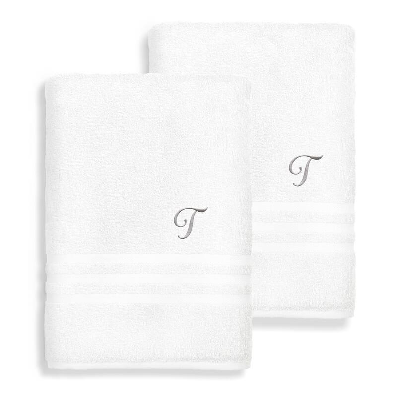 Authentic Hotel and Spa Omni Turkish Cotton Terry Set of 2 White Bath Towels with Grey Script Monogrammed Initial - White/T