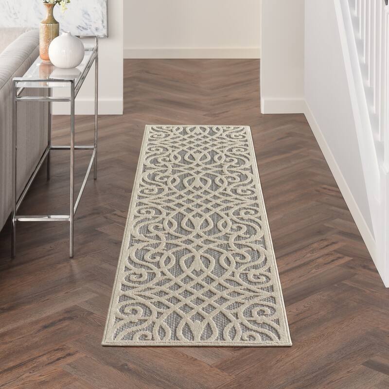 Nourison Palamos Geometric Scroll Indoor Outdoor Area Rug - 2'2" x 10' Runner - Grey