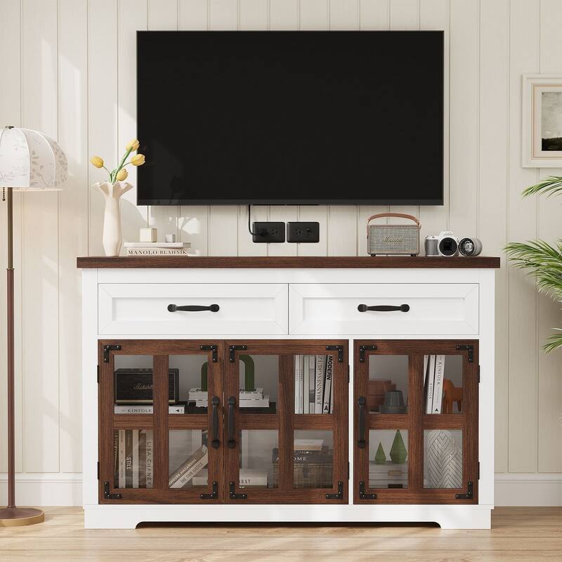 Gymojoy 53" Farmhouse Buffet Cabinet with Glass Doors, Modern Sideboard Storage Console for Kitchen, Dining Room, Living Room