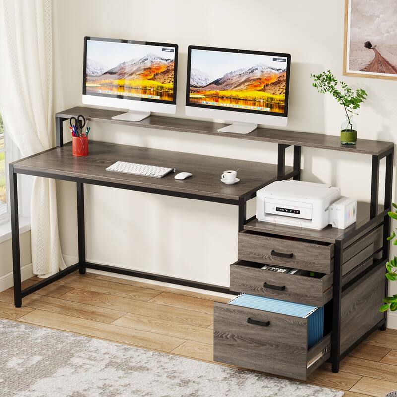 63 Inch Computer Desk with 3 Drawers, Modern Office Table with Monitor Stand and Printer Space for Home Office