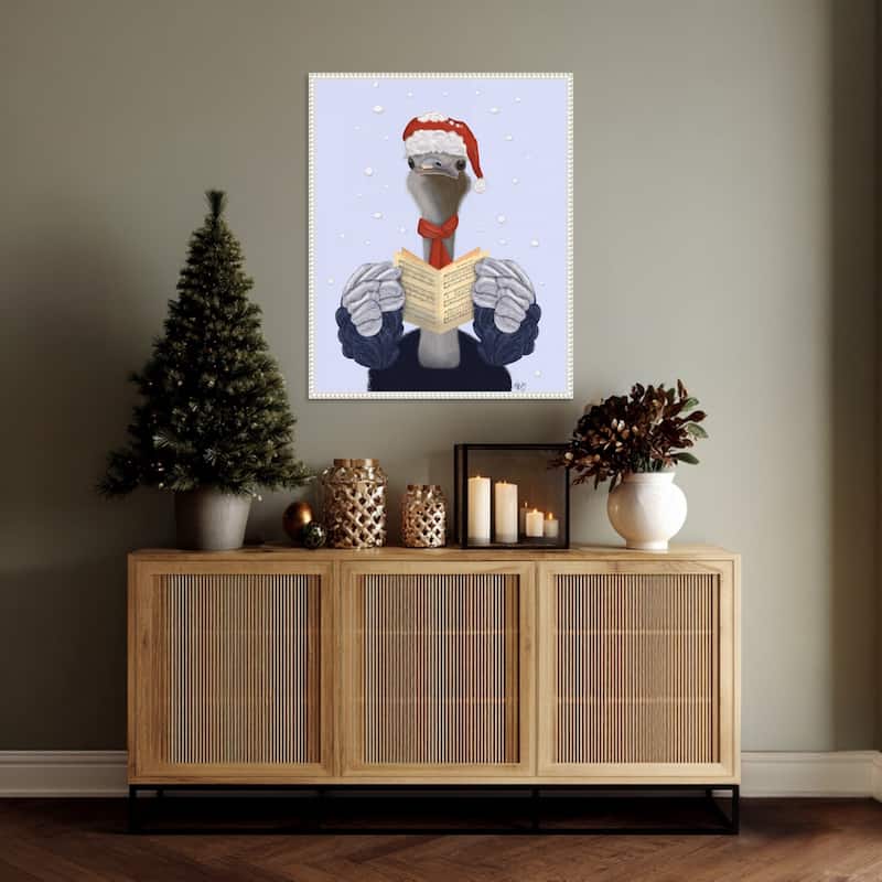 Ostrich Carol Singing by Fab Funky (23 x 28 in.), Framed Canvas Wall Art Print - Sylvie Beaded White