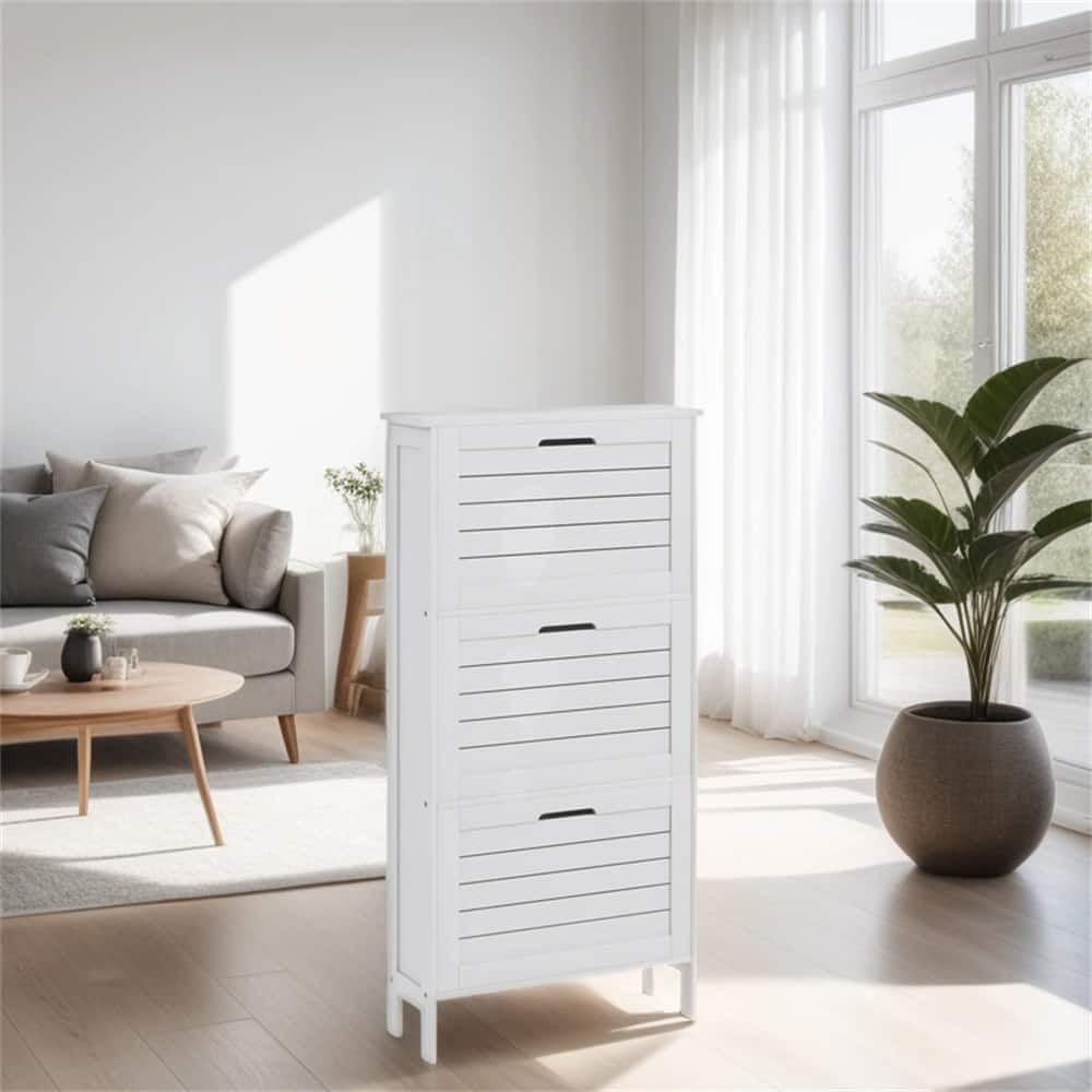 Narrow Shoe Storage Cabinet with 3 Flip Drawers and Louvered Doors - N/A