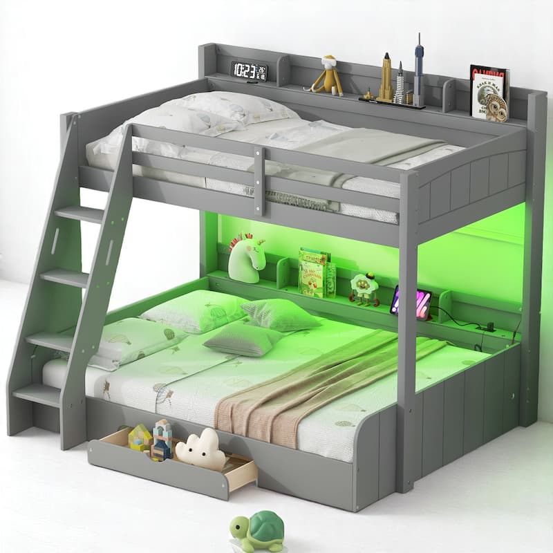 Twin Over Full Bunk Bed with Storage Shelves, LED Lights, Charging Station, and Drawer, kid bed,Storage bed