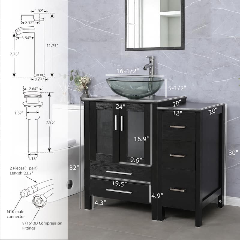 eclife 36" Bathroom Vanity Black Set with Side Cabinet Vessel Sink Faucet Combo