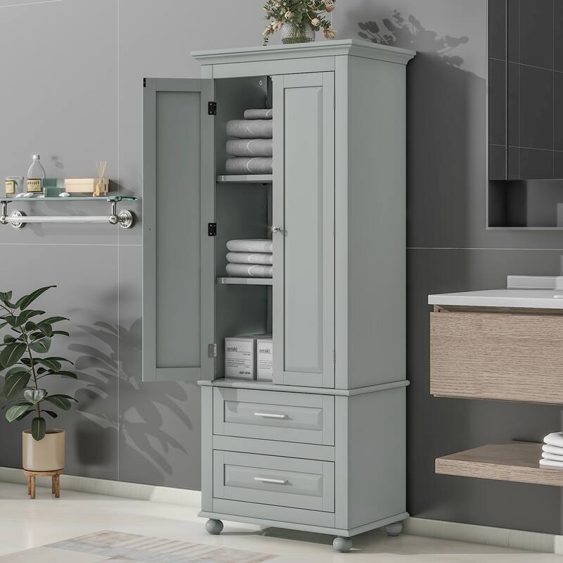 Freestanding Tall Storage Cabinet with 2 Drawers, 2 Doors, Round Legs and Adjustable Shelf for Bathroom Office Kitchen