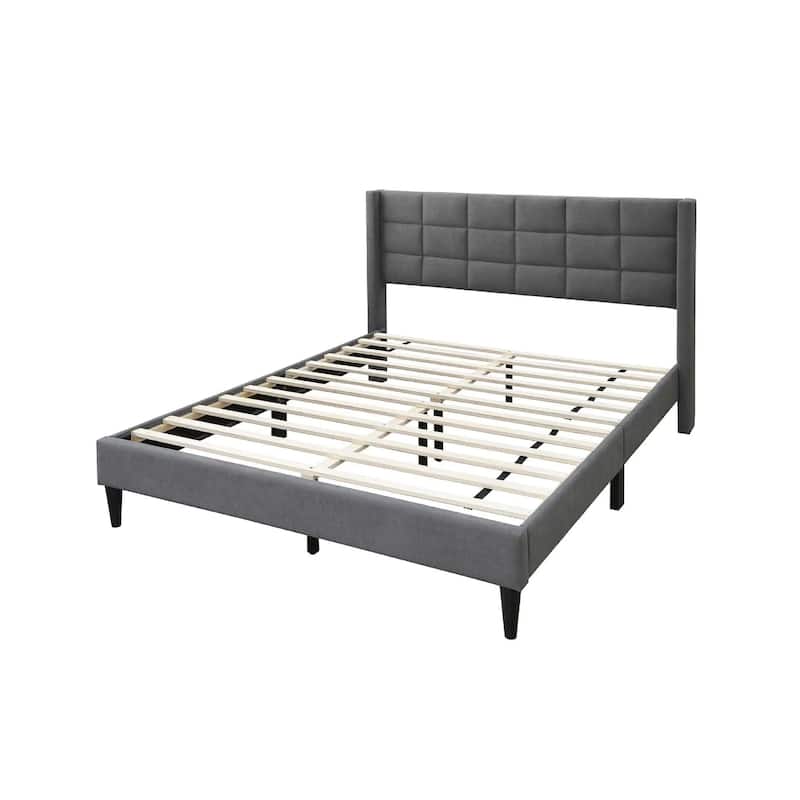 Zensa Full Bed, Light Gray Linen Upholstery, Padded Wing Headboard