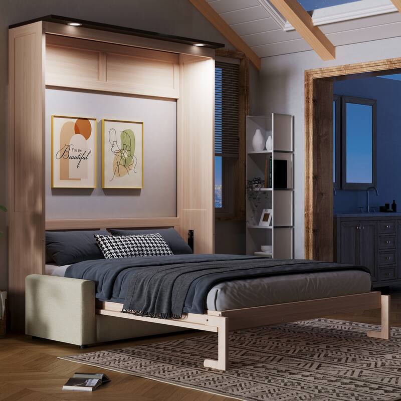 Queen Size Murphy Bed with Upholstered Sofa and Top LED, Beige, Space Saving Foldable Platform Bed Frame - Beige - Queen