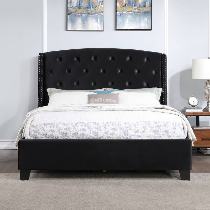 Roundhill Furniture Summit Wingback Tufted Upholstered Bed with Nailhead in Black