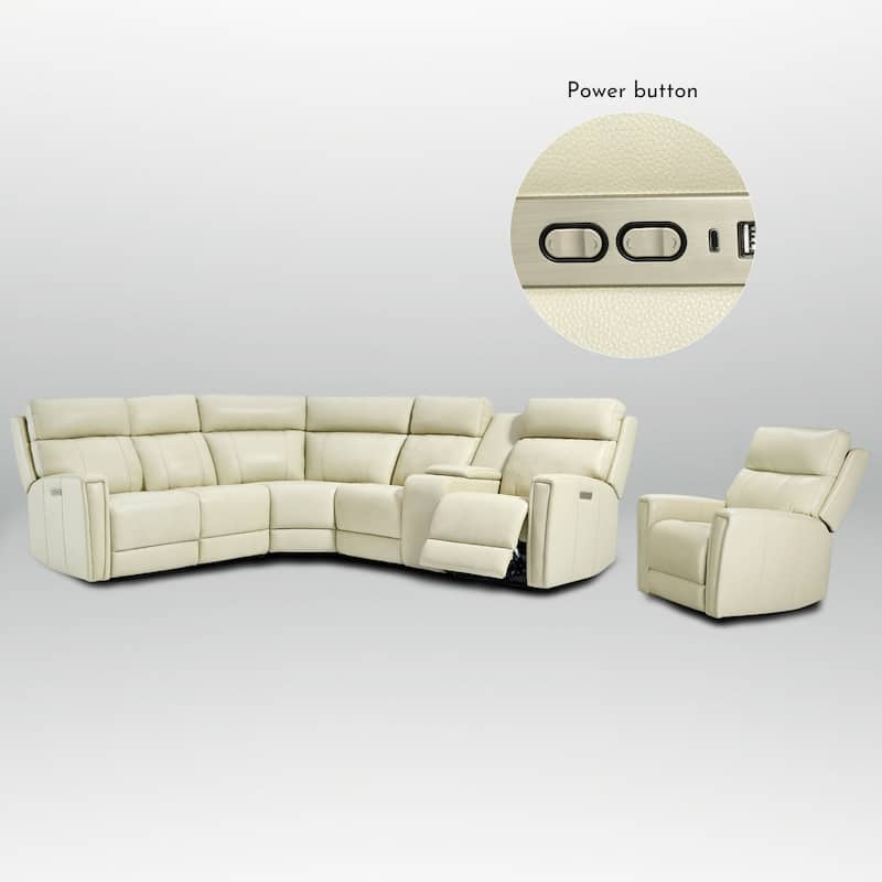 104" W 6 Seater Genuine Leather Power Sectional and 39" W Recliner Set with Zero Gravity, USB Ports, 2 Stationary Armlesschairs