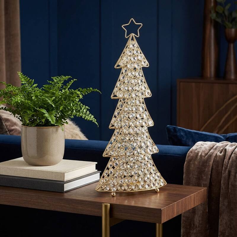 HomeRoots 16" Glam Gold And Faux Crystals Christmas Tree Tabletop Sculpture - 4' X '16' X '8