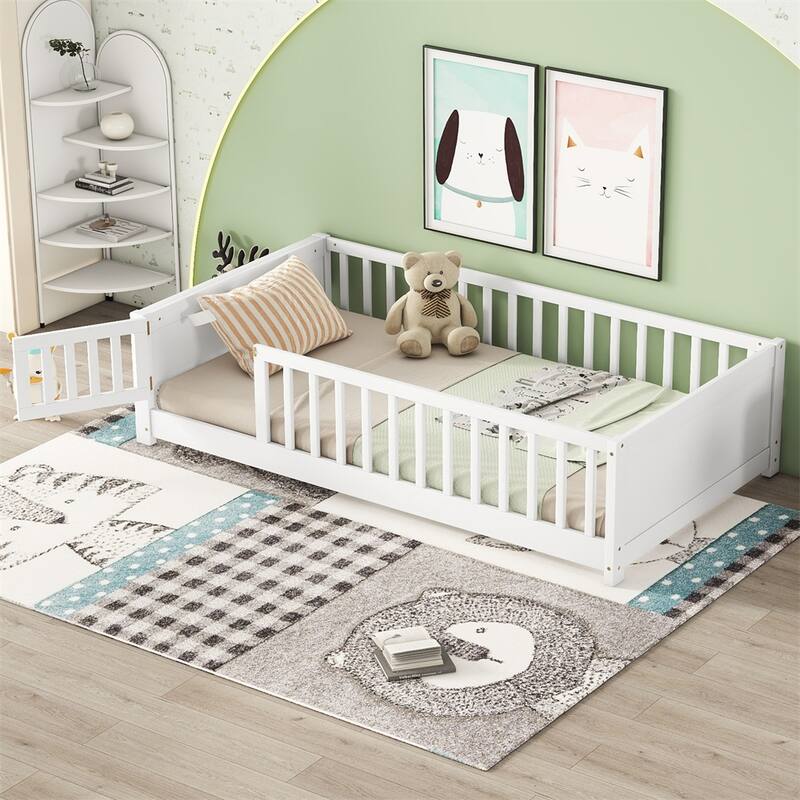 Twin Size Wood Platform Bed with Built-in Book Storage Rack and Door