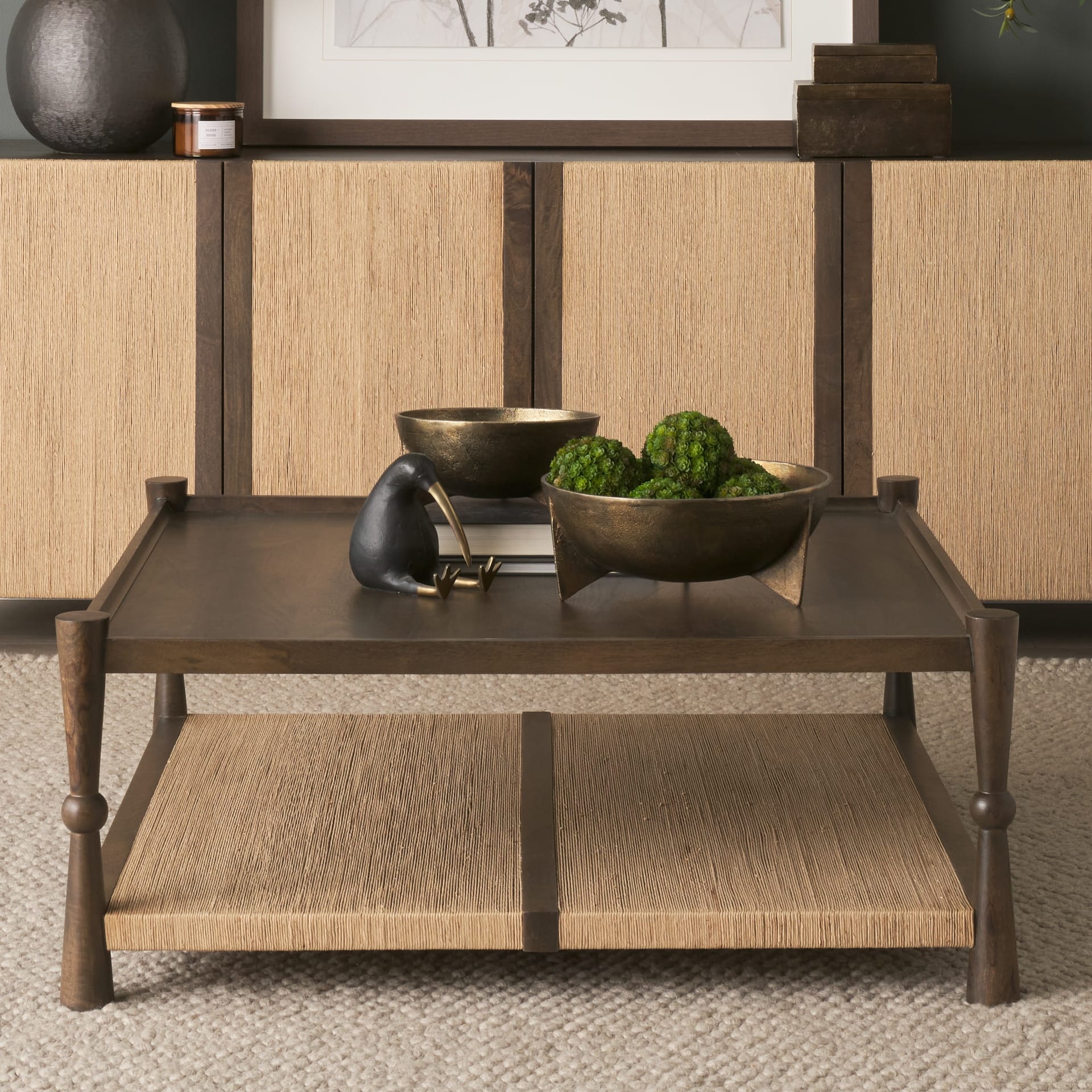 Bondi 42" Dark Brown Wood w/ Paper Rope Shelf Square Coffee Table