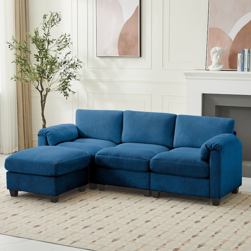 Corduroy Sectional Sofa with a Removable Ottoman, L-shaped Reversible 4-seat Modular Couch