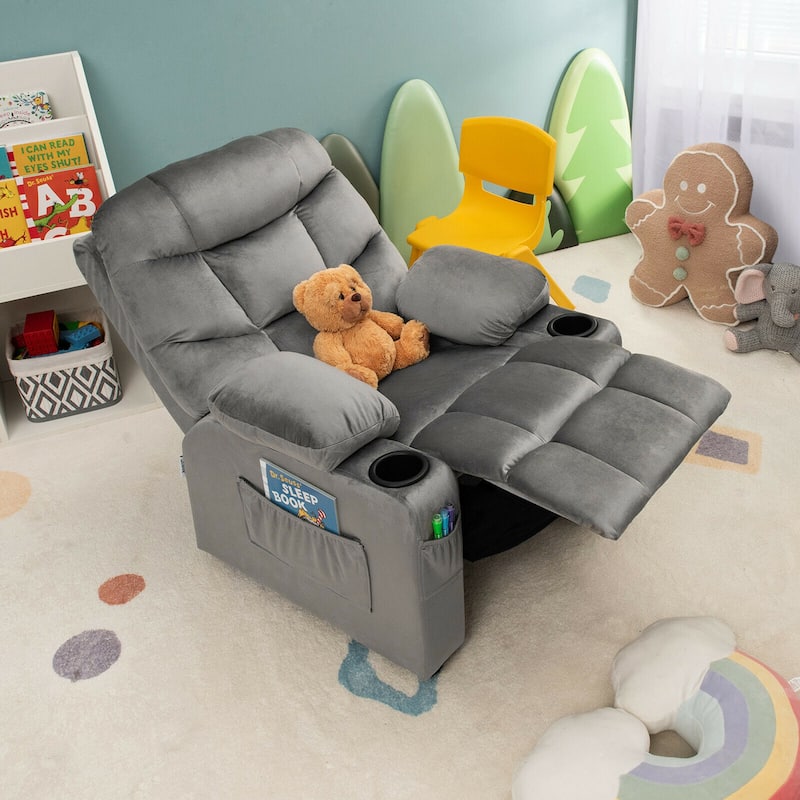 Gymax Kids Youth Recliner Chair Velvet Fabric w/Cup Holder & Side