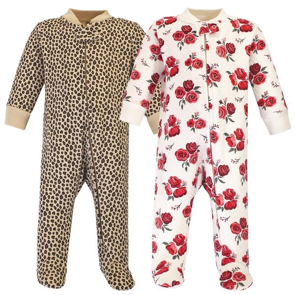 slide 1 of 1, Hudson Baby Infant Girl Premium Quilted Zipper Sleep and Play 2pk, Rose Leopard 0-3 Months - Rose Leopard