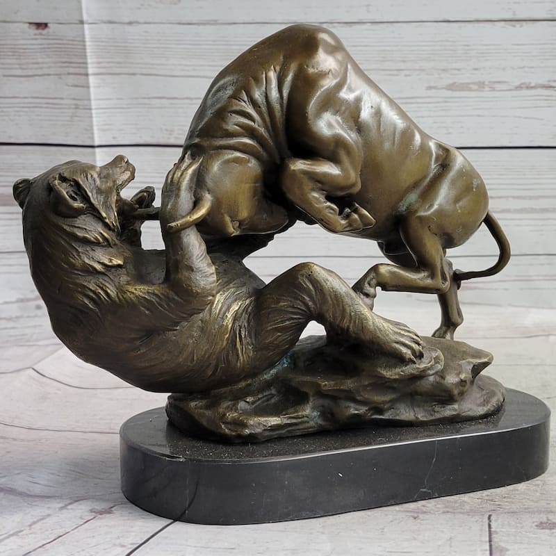 Stock Market Bull Vs Bear Bronze Sculpture Marble Base Statue Decor Gift Signed Original Art