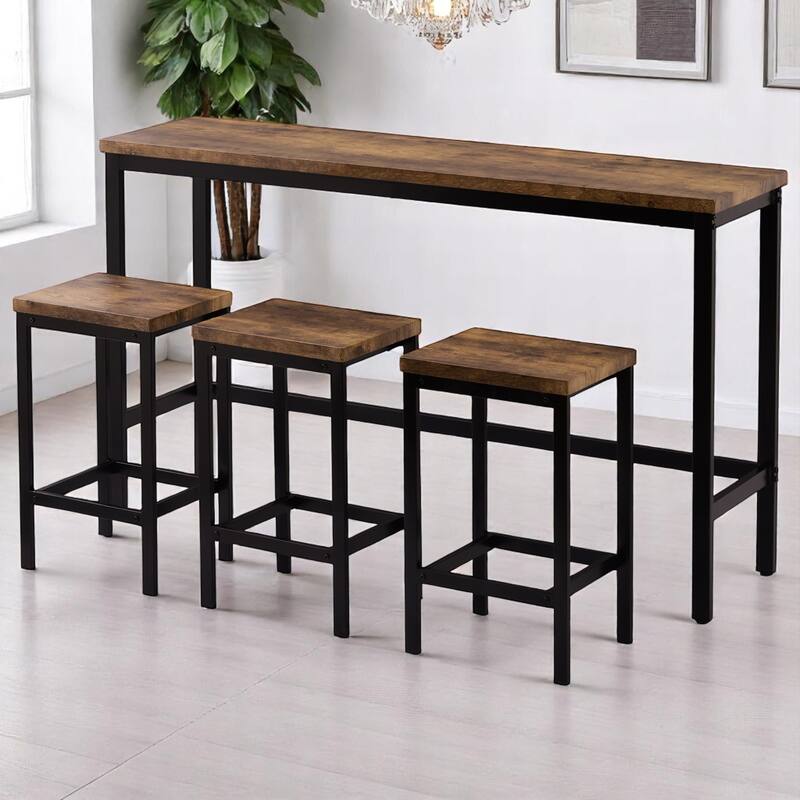 4-Piece Counter Height Dining Table Set with 3 Stools, Pub Table with Footrests, Metal Frame Kitchen Bar Set for Small Spaces - Brown