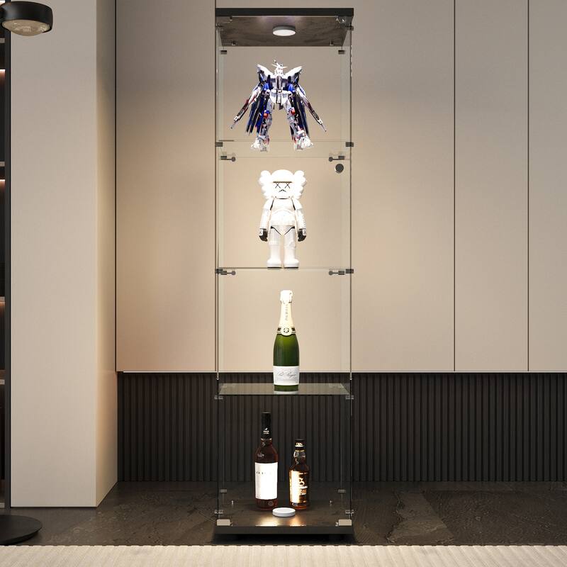 LED lights Glass Display Cabinet 4 Shelves with Door, Floor Standing Curio Bookshelf for Living Room Bedroom Office