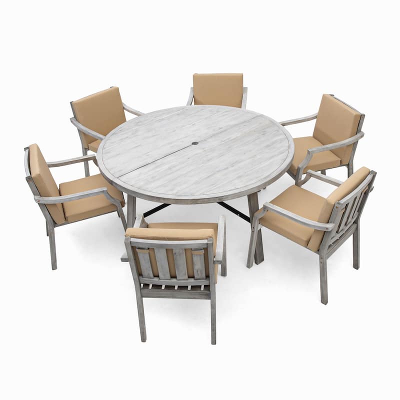 7 Piece Outdoor Wood Dinning Set w/ Umbrella Hole,Removable Cushions