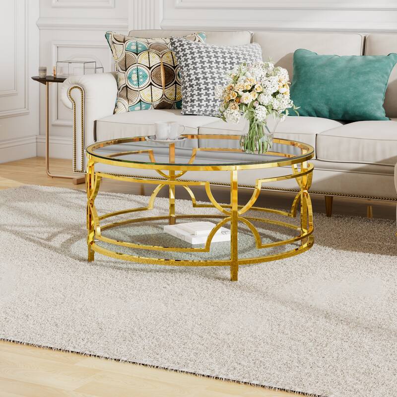 Glass Coffee Table Round Living Room Table, Luxurious Storage Table with Lower Shelf, 30.7" Center Table with Tempered Glass Top