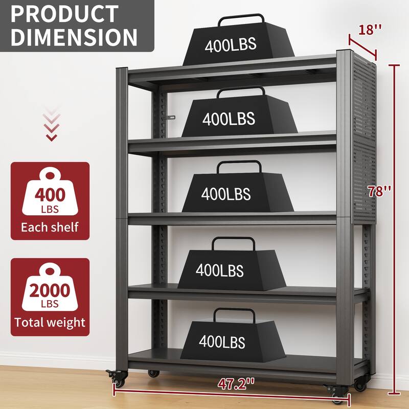 78"H 5 Tier Adjustable Shelving with Pegboard and Wheel, Heavy Duty Storage Shelves, Metal Shelving Unit Multipurpose Shelf