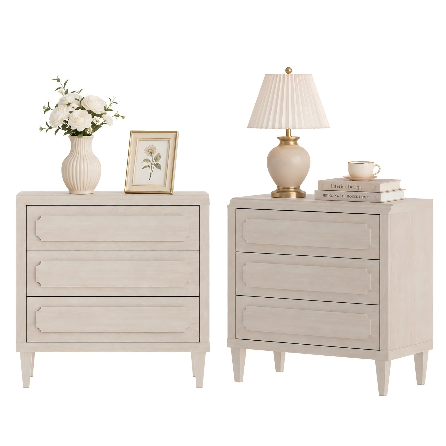 WAMPAT Large Vintage Nightstand Set of 2 with 3 Embossed Drawers