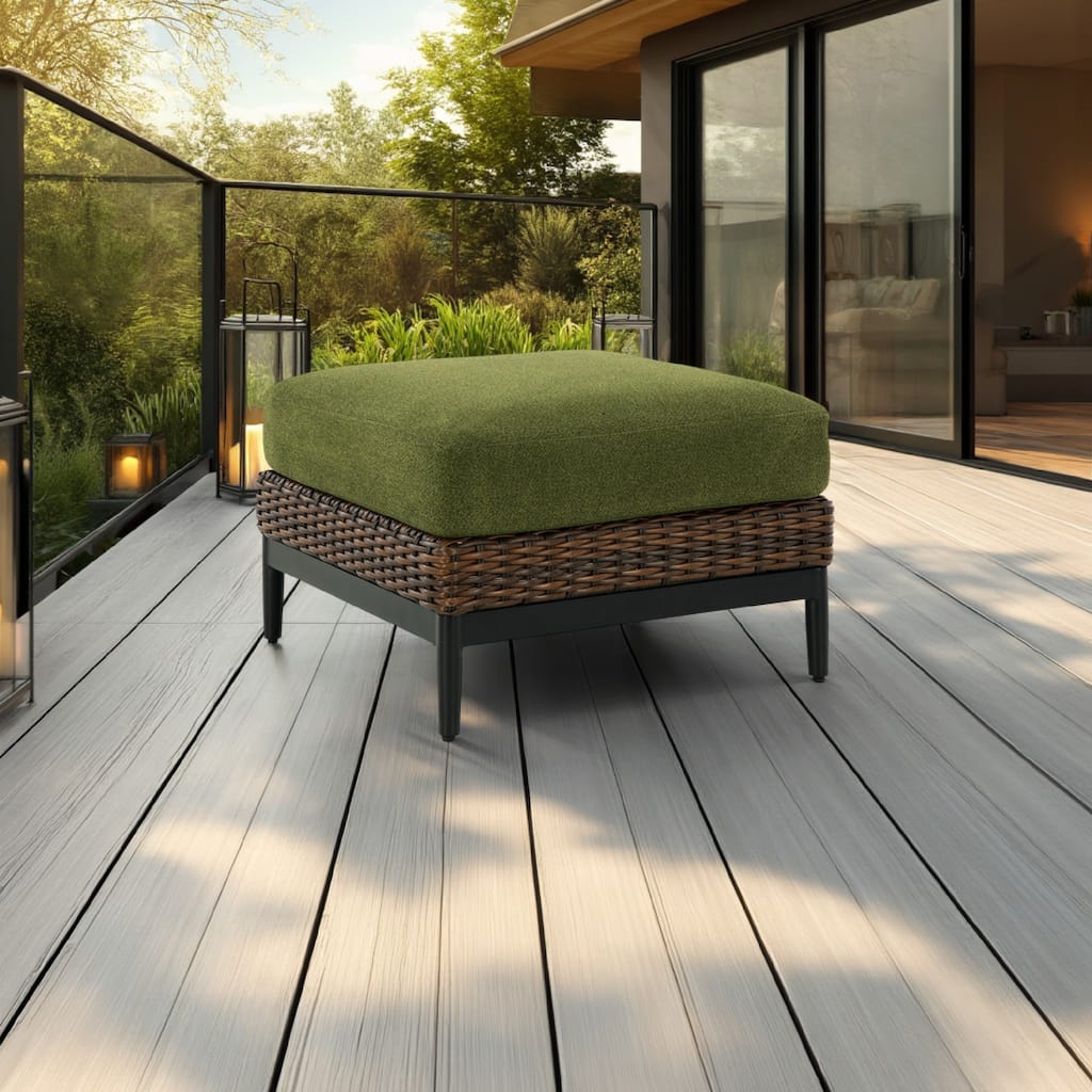 Izon Outdoor Ottoman, Brown Woven Wicker, Green Polyester, 28 Inch