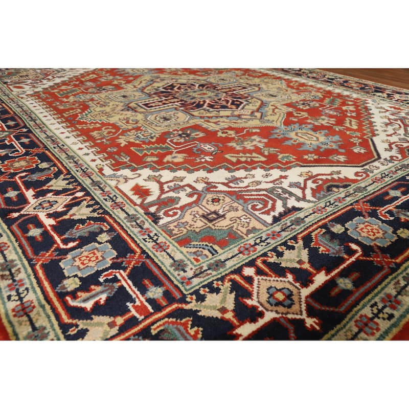 Medallion Heriz Serapi Indian Area Rug Hand-Knotted Wool Carpet - 7'11" x 9'10" - 7'11" x 9'10" - Orange