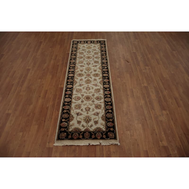 Hand Knotted Oriental Wool & Silk Carpet Traditional Floral Beige & Ivories Agra Runner Rug - 8' 0'' X 2' 6''