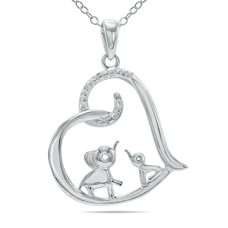 Marquee Double Elephant Enclosed in a Diamond Heart Necklace in .925 Sterling Silver