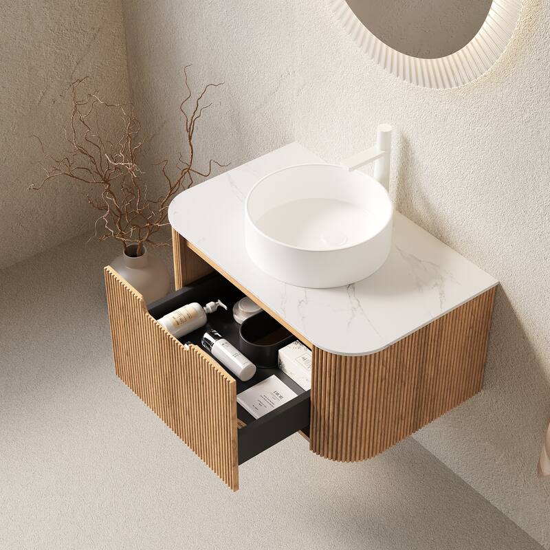 30" Bathroom Vanity&Sink, Floating Curved Edges Striped Bathroom Storage Cabinet with Drawer, White Round Ceramic Basin