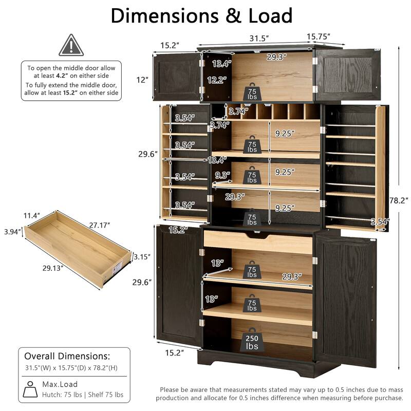 78.2" Kitchen Pantry Cabinet, Farmhouse Storage Cupboard with 8 Door Shelves, 4 Adjustable Shelves, Hidden Drawer & Wine Rack