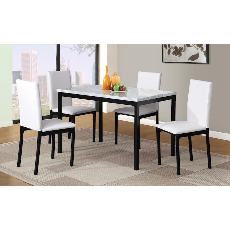5-Piece Dining Table Set with Rectangular Faux Marble Top and 4 Faux Leather Upholstered Chairs - White+Black