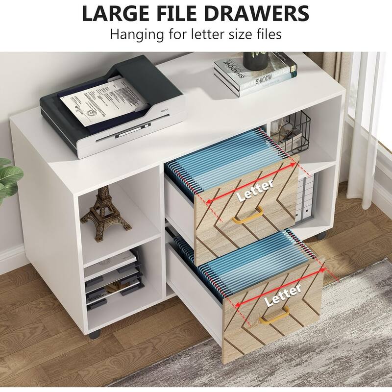 39.37-Inches Large Mobile Lateral File Cabinet with 2 Drawers White & Walnut finish
