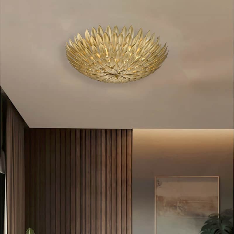 3 Light Gold Leaf Round Metal Frame Flush Mount