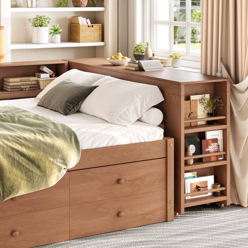Full/Twin Daybed with Trundle & Storage Drawers - Wood Frame with Side Shelves and Desk