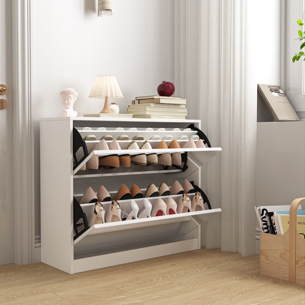 Mirror Shoe Storage Cabinet, Freestanding Narrow Slim Shoe Organizer, Hidden Shoe Rack with 3 Layers Flip Drawer
