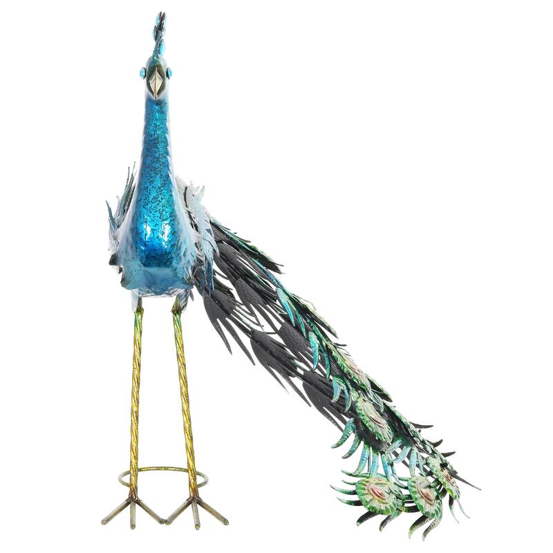 Exhart Hand Painted Majestic Metal Standing Peacock Garden Statue, 15 by 24 Inches