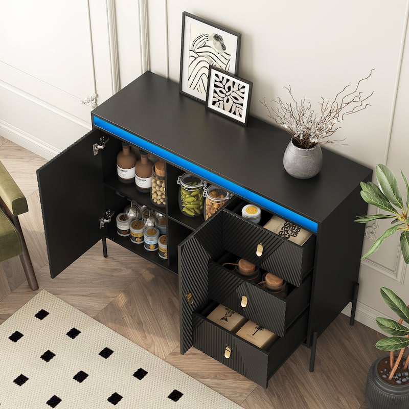 Buffets & Sideboards, Fluted Sideboard Cabinet, 2 Door 3 Drawer Design, with Led Lights,Acceent Black Sideboard