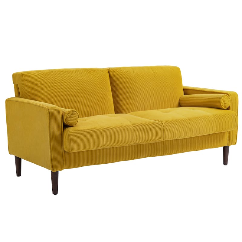 62" Wide Corduroy Button Tufted Sofa Couch with Armrest Pillow - Yellow