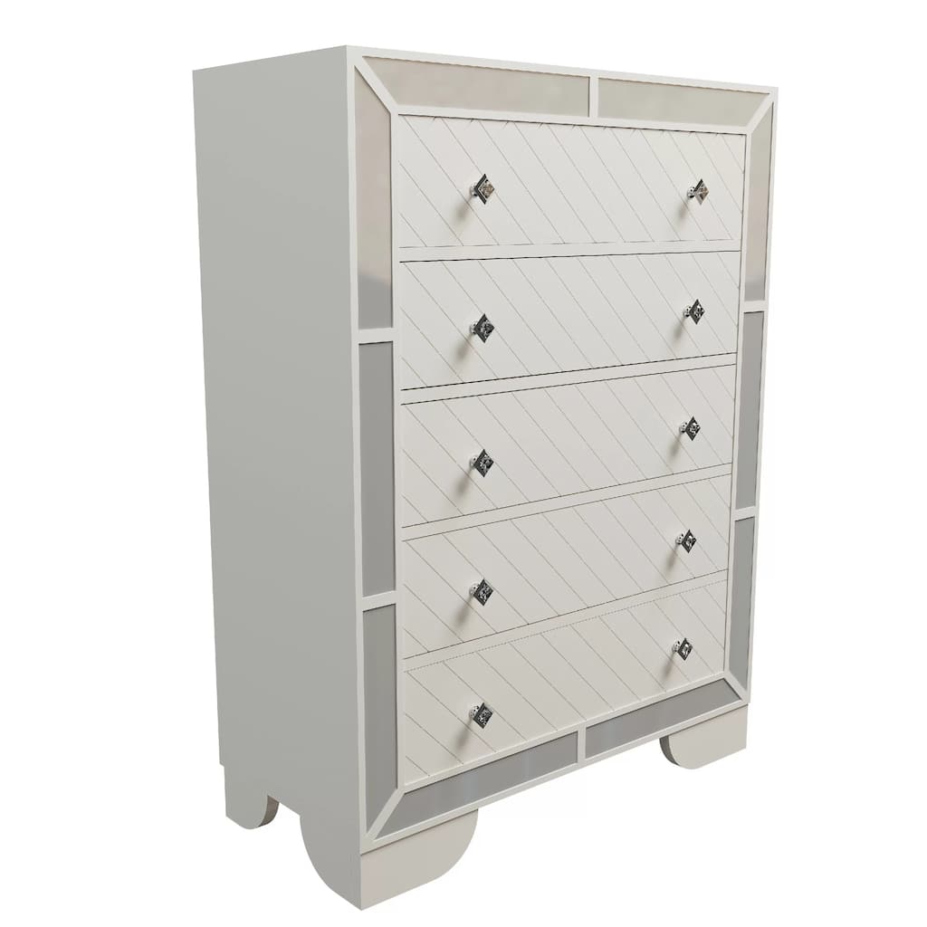Athon Tall Dresser Chest with 5 Drawers, Diamond Patterns, Ivory Wood