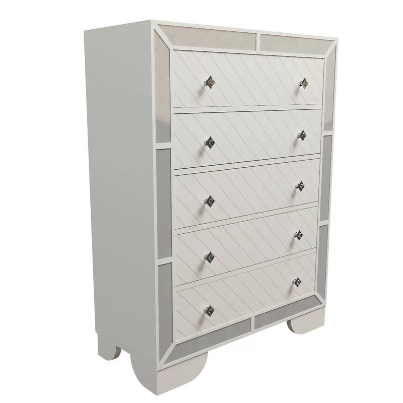 Athon Tall Dresser Chest with 5 Drawers, Diamond Patterns, Ivory Wood