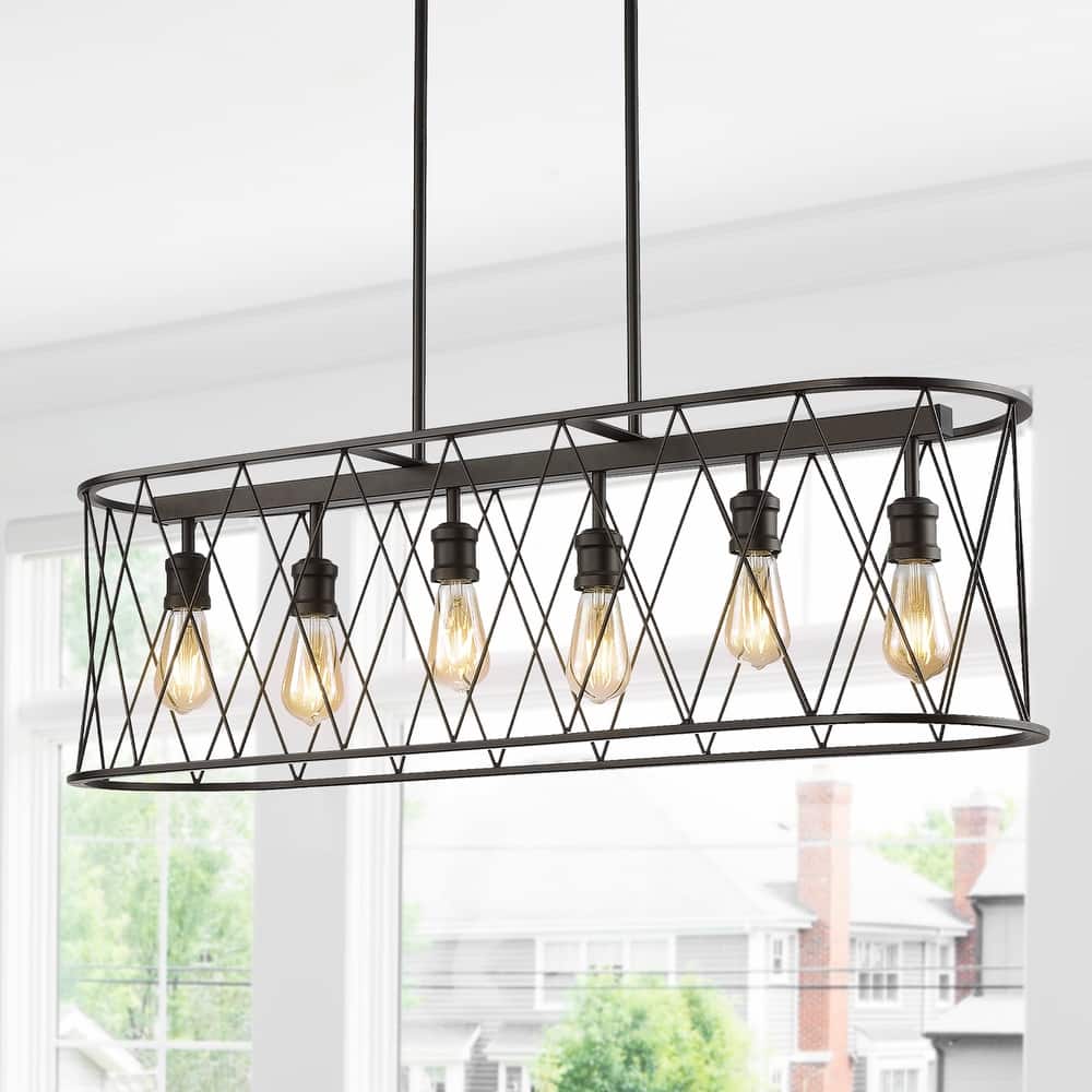 JONATHAN Y Urbanna 37.75" 6-Light Adjustable Iron Farmhouse Rustic LED Dimmable Pendant, Oil Rubbed Bronze