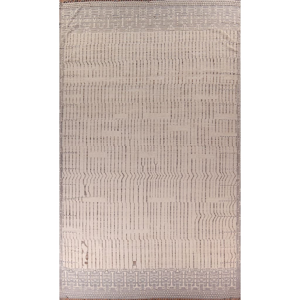 All-Over Ivory Striped Moroccan Large Rug Hand-Knotted Wool Carpet - 12'0"x 18'6"