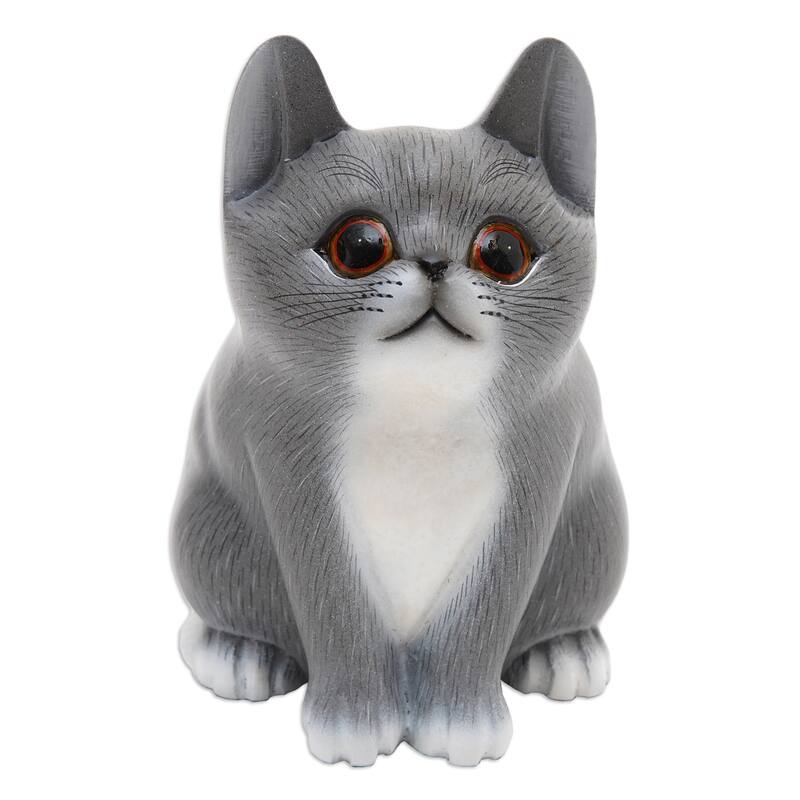 Novica Handmade Dreamy Kitten Wood Figurine