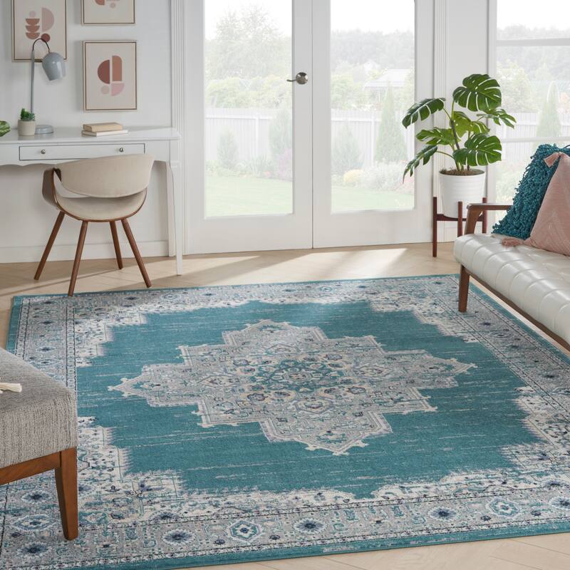 Porch & Den Dobbin Vintage Persian Medallion Farmhouse Area Rug - 8' x 10' - Turquoise/Grey