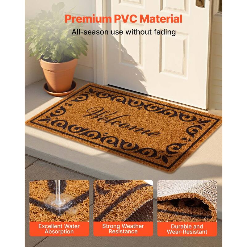 Brown Faux Coir Fibers Welcome Doormat with Non-Slip Backing for Indoor or Outdoor Mat - 29.5” x 17” x 0.4”