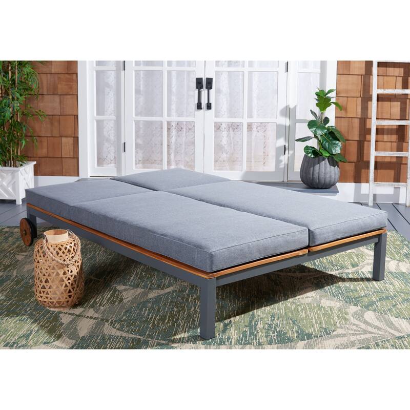 SAFAVIEH Outdoor Francka Adjustable Double Lounge Chair with Side Table - 83 In. W x 52 In. D x 15.8 In H - 83Wx52Dx16H