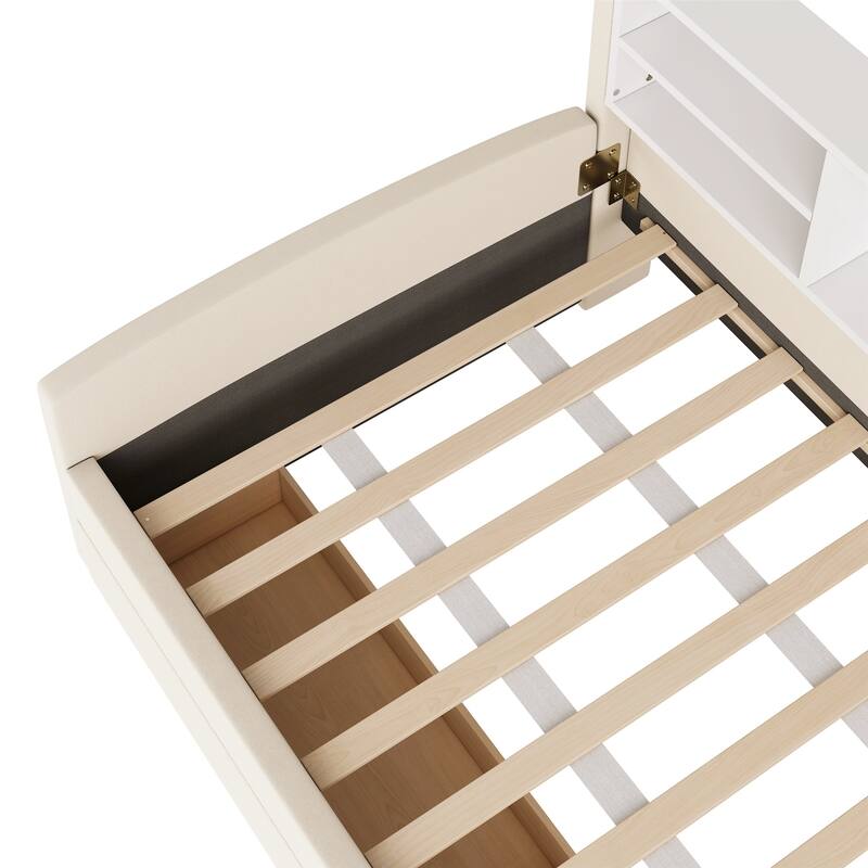 Twin Velvet Upholstered Bed Frame with Storage Drawers and Built-In Shelf, Platform Design with Plush Headboard