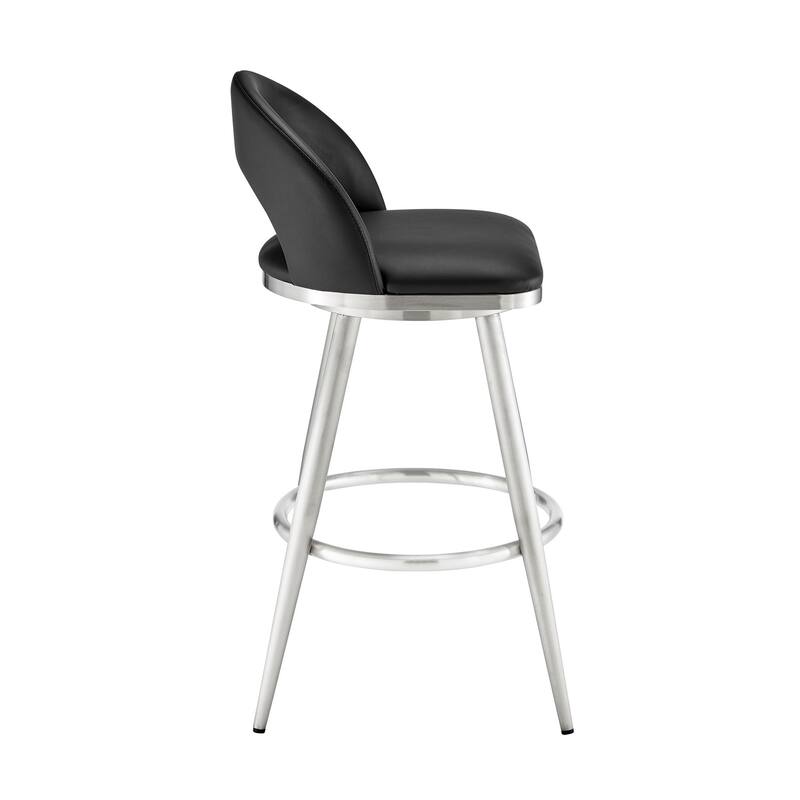 Visy 30 Inch Swivel Barstool Chair, Round Open Back, Black Faux Leather